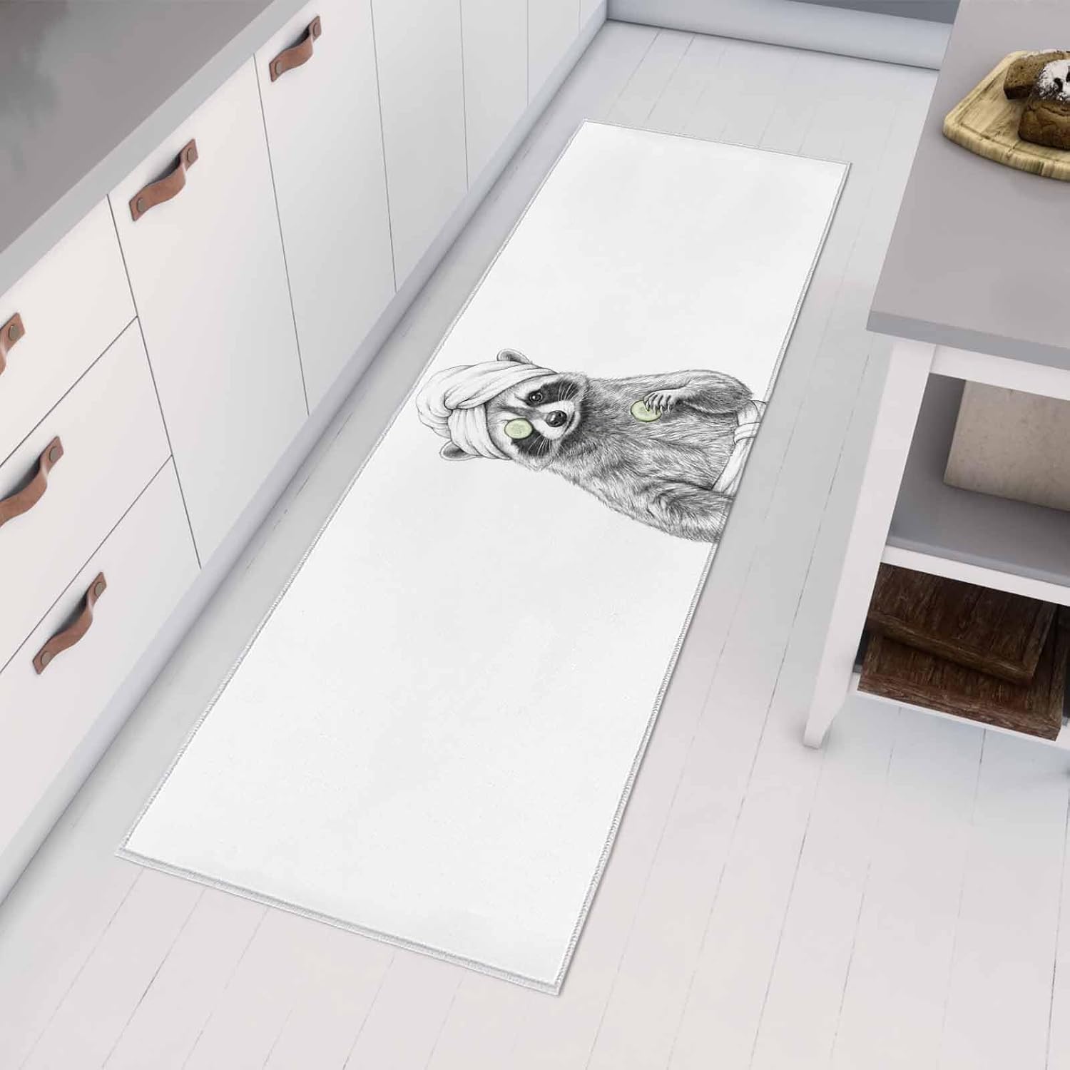 Teamery Kitchen Mats for Floor Cute Raccoon Abstract Art Washable Non Slip Kitchen Rugs 1PCS, Funny Animal Spa Bath Towel Absorbent Standing Mats for Sink Bathroom Office Living Room 23.6x70.9in
