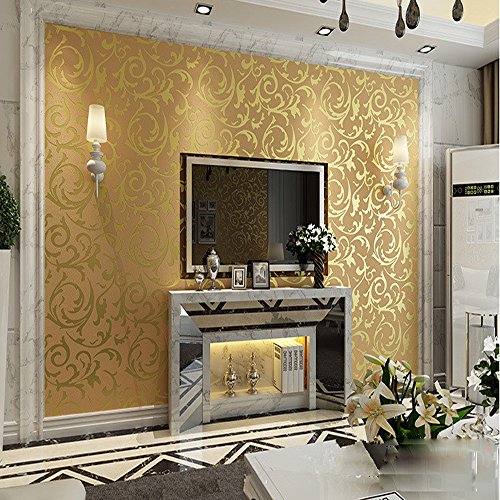 Qihang European Retro Victorian Damask Embossed Textured Non-Woven Flocking Wallpaper Gold Color 0.53M*10M=5.3㎡ #TOP3