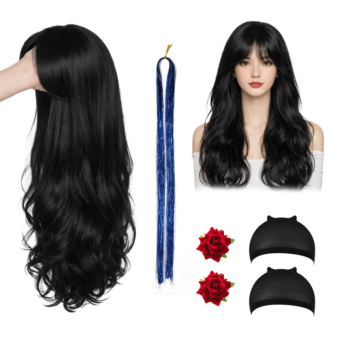 AHS Hair Wig for Women with 2 Roses & Hair Tinsel Combo | Natural Looking Full Head Wig | Synthetic Soft wig | Party, Bridal, Festival & Daily Wear for Girls & Women | Lightweight & Adjustable Cap (Wig 88F Black + 2 Rose (Red) + Tinsel Blue)-image-9
