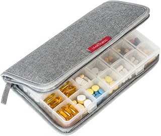 LeanTravel Pill Case Organizer for Travel with Passport Wallet, Color Grey, Size Extra Large for 7 to 28 Day Travel