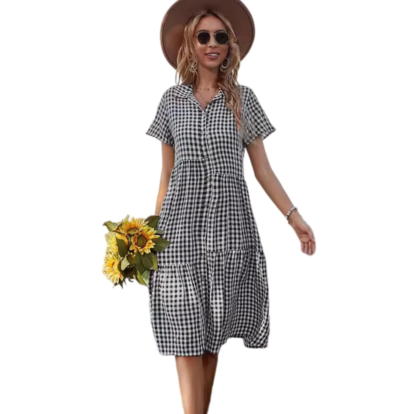 Vestito Camicia Midi A-Line Donna a Maniche Corte Fantasia Vichy