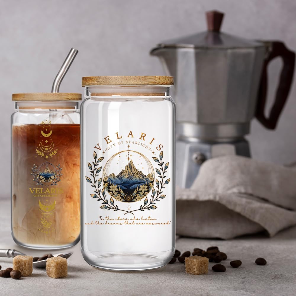 Velaris City of Starlight 16oz Glass Cups with Lid Gifts for - Velaris Acotar Gift for Best Friend - Acotar Merch Gifts for Bookish, Bookworms - Book Lovers Gifts for Women - Court of Thorns and Roses