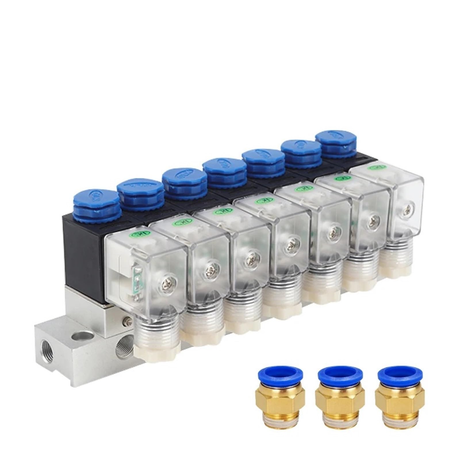 Electrovanne pneumatique 3/2 110V avec collecteur 9 sorties et connecteurs rapides 12mm