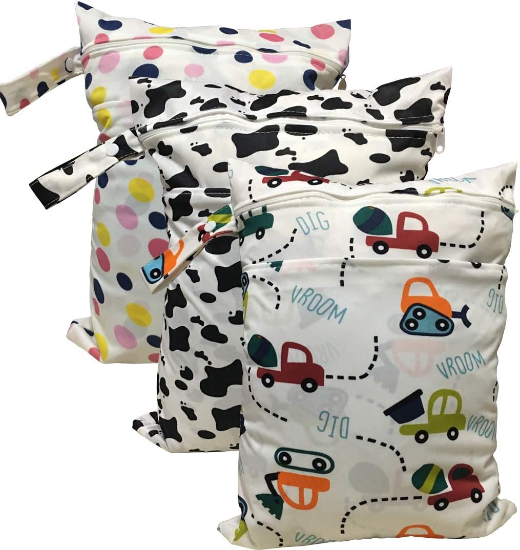 Alifeng Wet Dry Bag | 3 Pack Cloth Diaper Storage Bags | Waterproof Reusable Cloth Diaper Wet Bags with Double Zipper for Travel, Beach, Pool,Stroller,Diapers,Dirty Gym Clothes