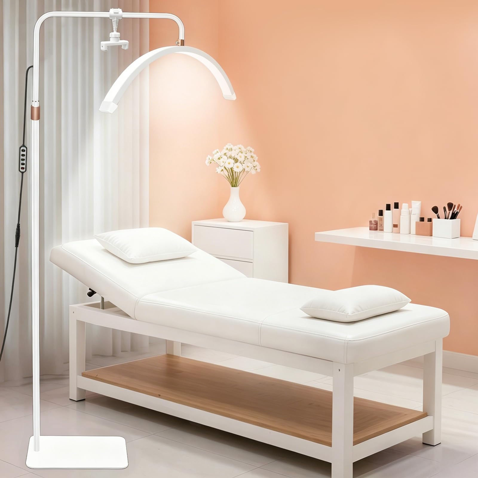 CGBE 23 Pulgadas Lámpara Extensiones Pestañas de Pie Media Luna - Blanco | 36W Lámpara Pestañas con Soporte Teléfono - Cabezal Giratorio 360° - 3000K-7000K Regulable - para Pestañas Tatuaje