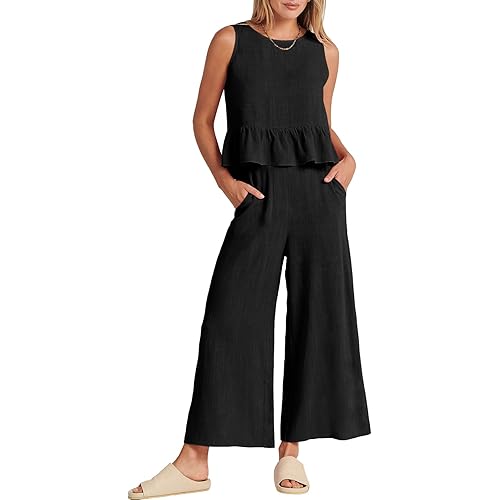 ANRABESS Women Summer 2 Piece Outfits Sleeveless Tank Crop Top Wide Leg Pants Linen Jumpsuits Lounge Matching Beach Sets