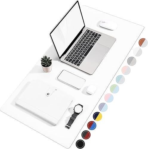 TOWWI - Tapete de escritorio a doble cara, 32 x 16 pulgadas, piel sintética, impermeable, protector de escritorio, mouse pad (blancoplateado)