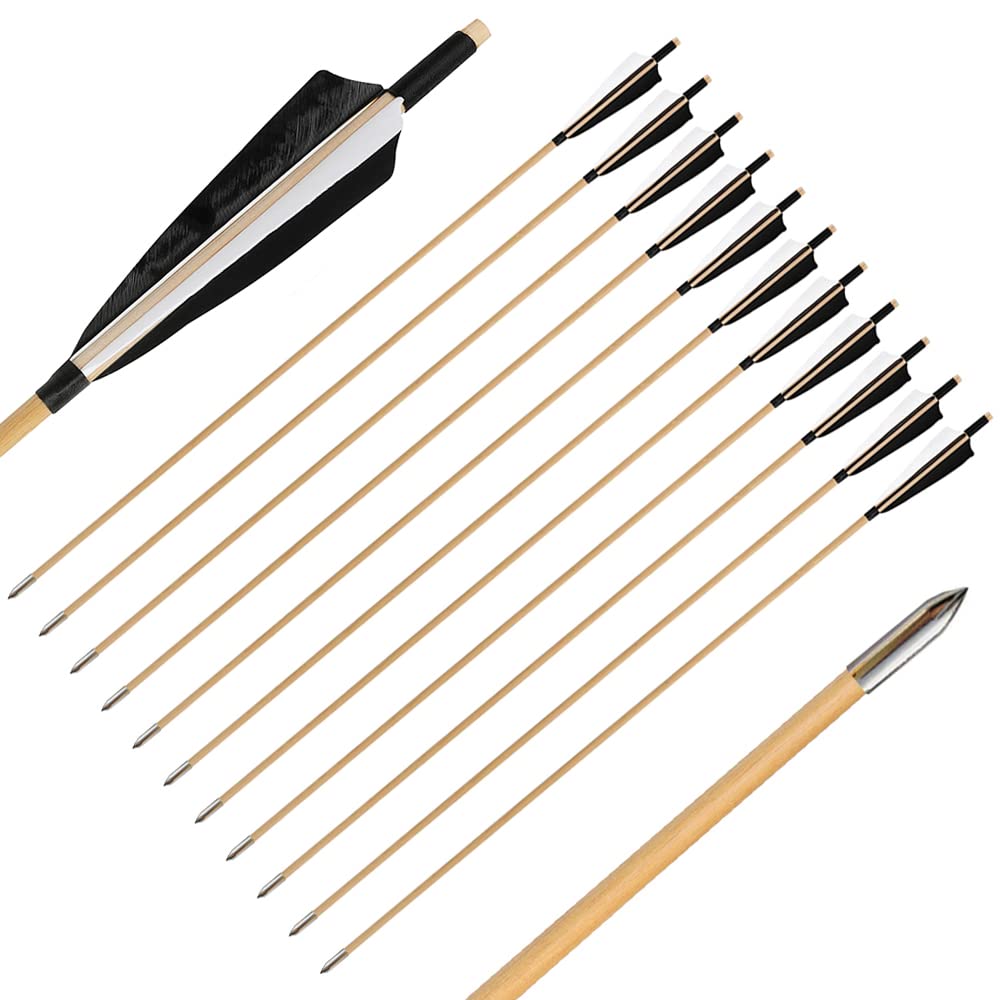 SHARROW Tir à l'arc Flèches de Bois Flèches de Chasse Traditionnelles Arbre de Flèche en Bois avec 5" Plumes Naturelles pour Arc Traditionnel Longbow