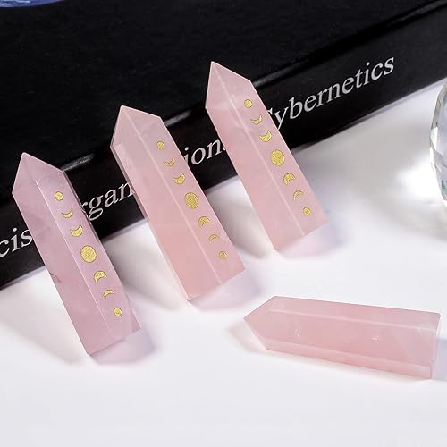Miniatura 4 de Rockcloud Paquete de 3 puntas de cristal grabadas en fase lunar, piedra hexagonal de bolsillo para eclipse lunar para meditación de reiki,
