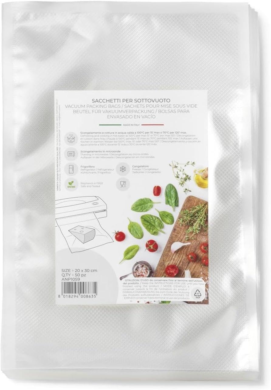 Magic Vac, 50 Vacuum Bags 20 x 30 cm, Ideal for Freezer, Fridge, Defrosting in the Microwave, Cooking, Sous vide Cooking in the Oven or Steamer, Tagless, Certified, Made in Italy
