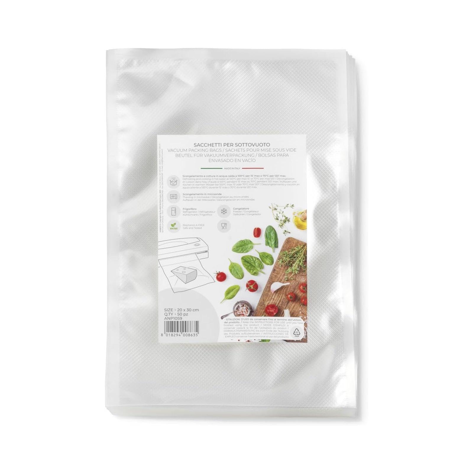 Magic Vac, 50 Sacchetti Sottovuoto 20x30, Ideali per Congelatore, Frigorifero, Scongelamento in Microonde, Bollitura, Cottura Sottovuoto in Forno o A Vapore, Senza Etichetta, Certificati Made in Italy