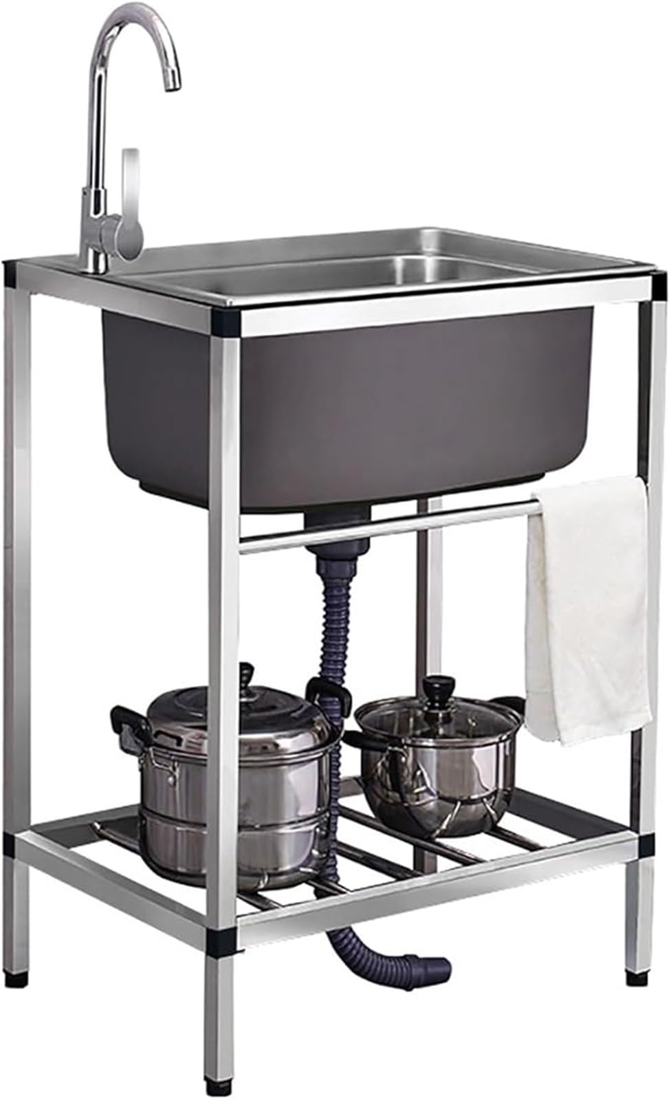ZYCHSJXA Stainless Steel Single Bowl Utility Sink with Faucet & Drainboard - Free Standing 1 Compartment for Kitchen, Garage, Laundry, Restaurant (58x43x75cm)