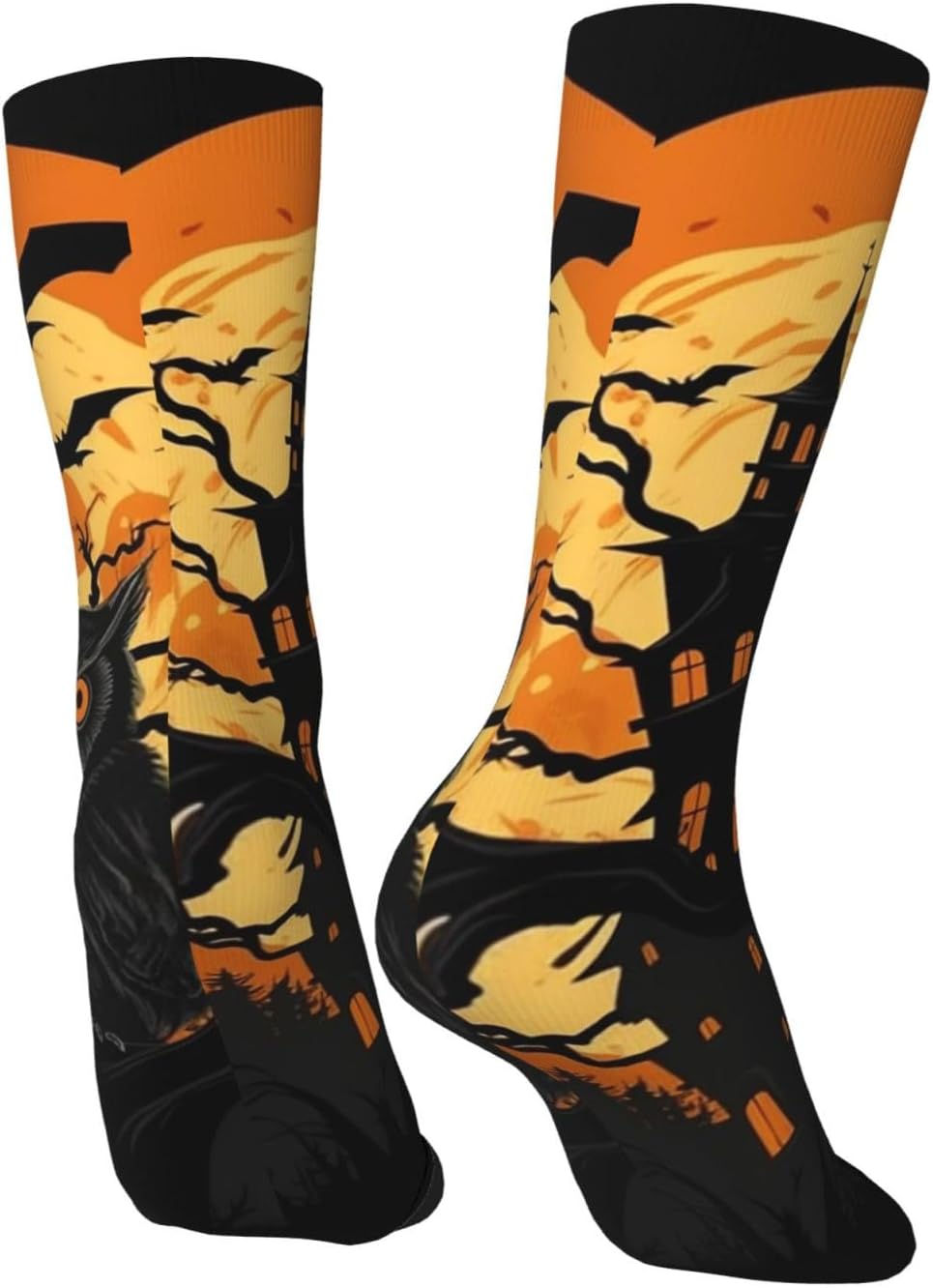 Black Tree Owl Pumpkin Head Castle Crew Socks for Men Women Moisture Wicking Cushion Athletic Sock Casual Novelty Socks Gift