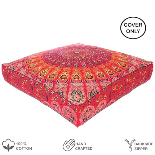 Eyes Of India - 35" Red Large Oversized Mandala Square Floor Meditation Pillow Cover Pouf Cushion Seating Hippie Colorful Decorative Bohemian Accent Boho Chic Dog Bed Indian Handmade *Cover Only* #TOP1