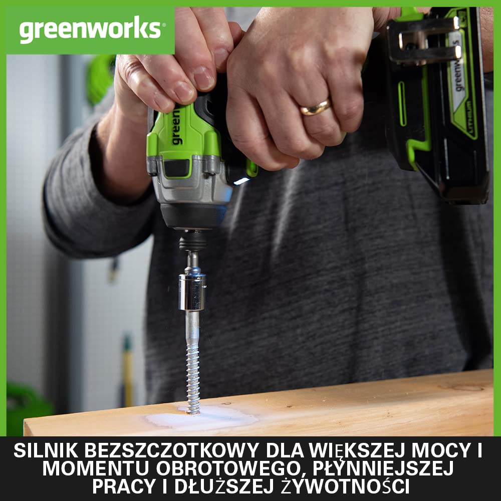 Greenworks GD24ID3 Akumulatorowa Wiertarko-Zakrętarka Udarowa, Bezszczotkowy Silnik, 2800 obr./min, 4000 obr./min, Obrót 300 Nm 1/4" Sześciokątny Uchwyt BEZ Baterii i Ładowarki 24V