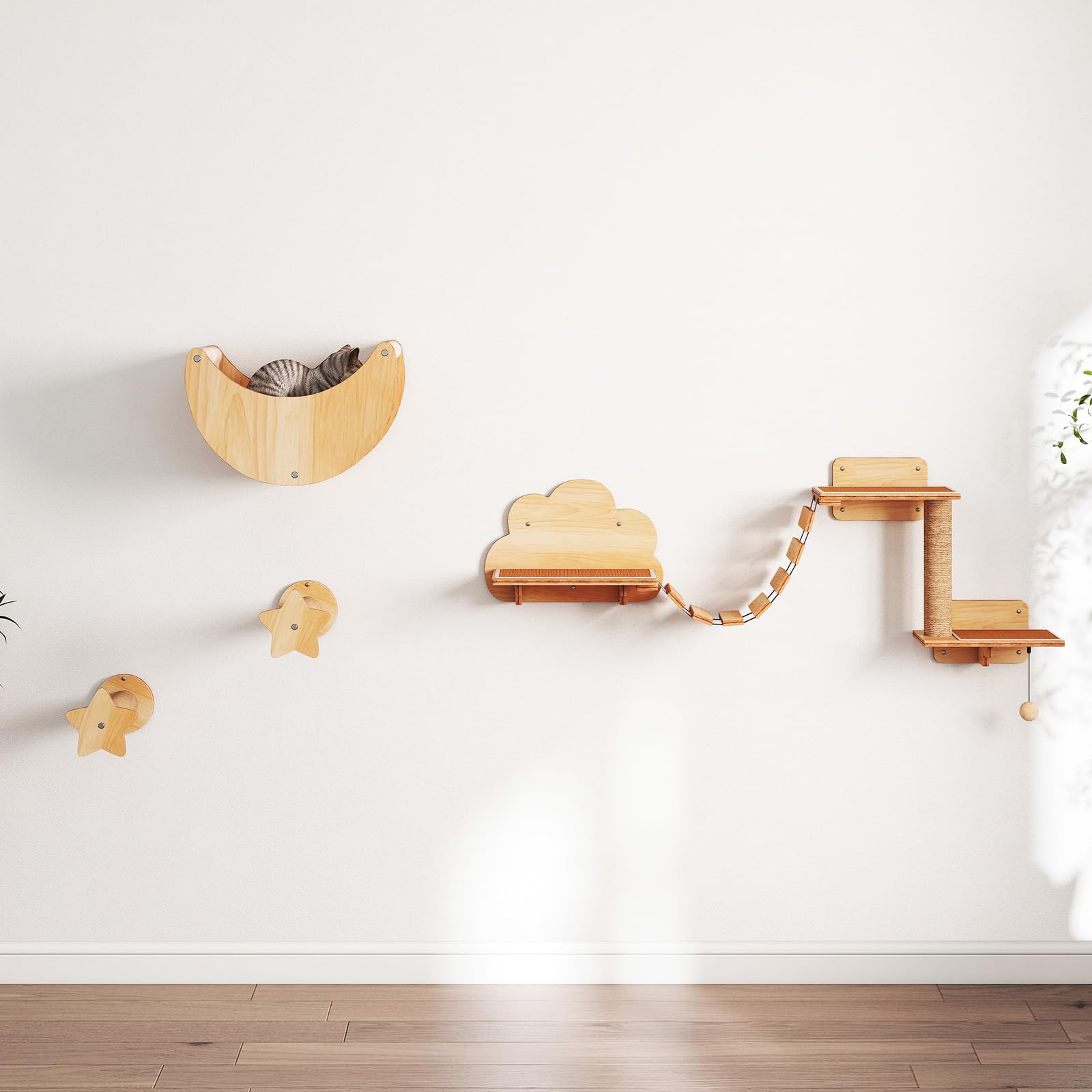 GOPLUS Parcours Mural Chat avec 4 Pièces en Bois Intérieur, Naturel