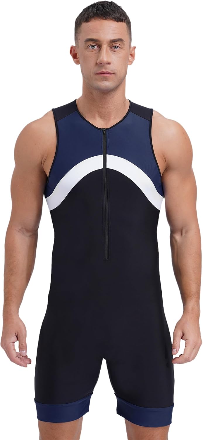 Sports Jumpsuit Mens Sleeveless Swimming Surfing Workout Bodysuit Contrast Zipper