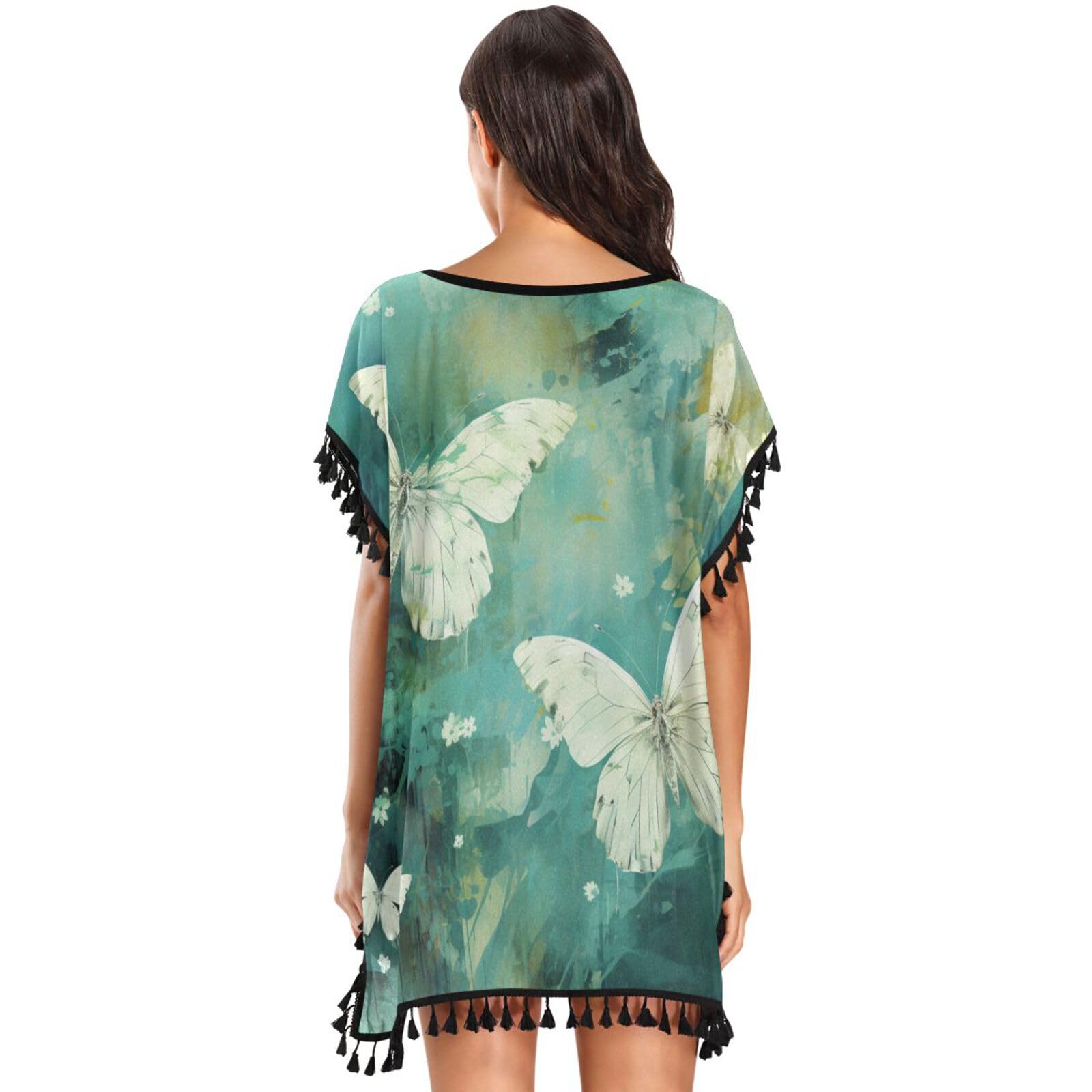 KAAVIYO Oil Artwork Butterflies Women's Beach Cover Up Chiffon Tassel Swimwear Swimsuit Coverups for Girl