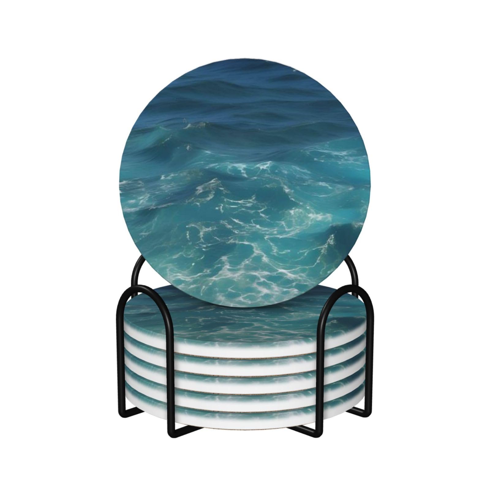 Dessous de verre en céramique bleu foncé lot de 6 pièces avec support métallique inclus