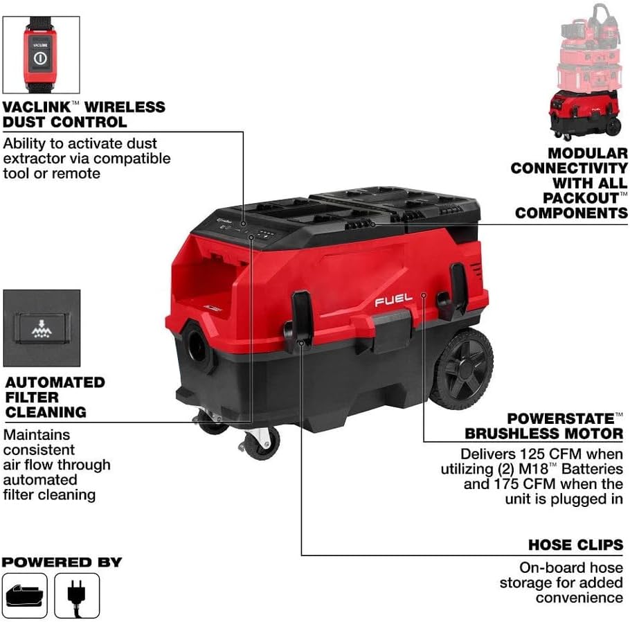 0888-20 for Milwaukee M18 Fuel 18V Cordless 9 Gallon HEPA Dual Battery Dust Extractor - Heavy-Duty for Construction, Renovation
