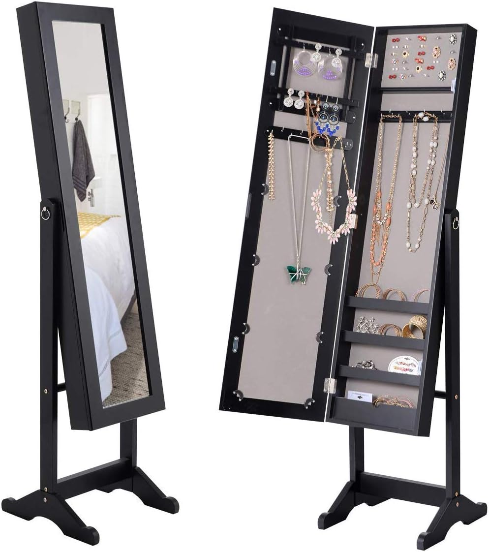 HOMGX Wood Standing Jewelry Cabinet, Jewelry Armoire with Mirror, Jewelry Organizer Storage (Black)
