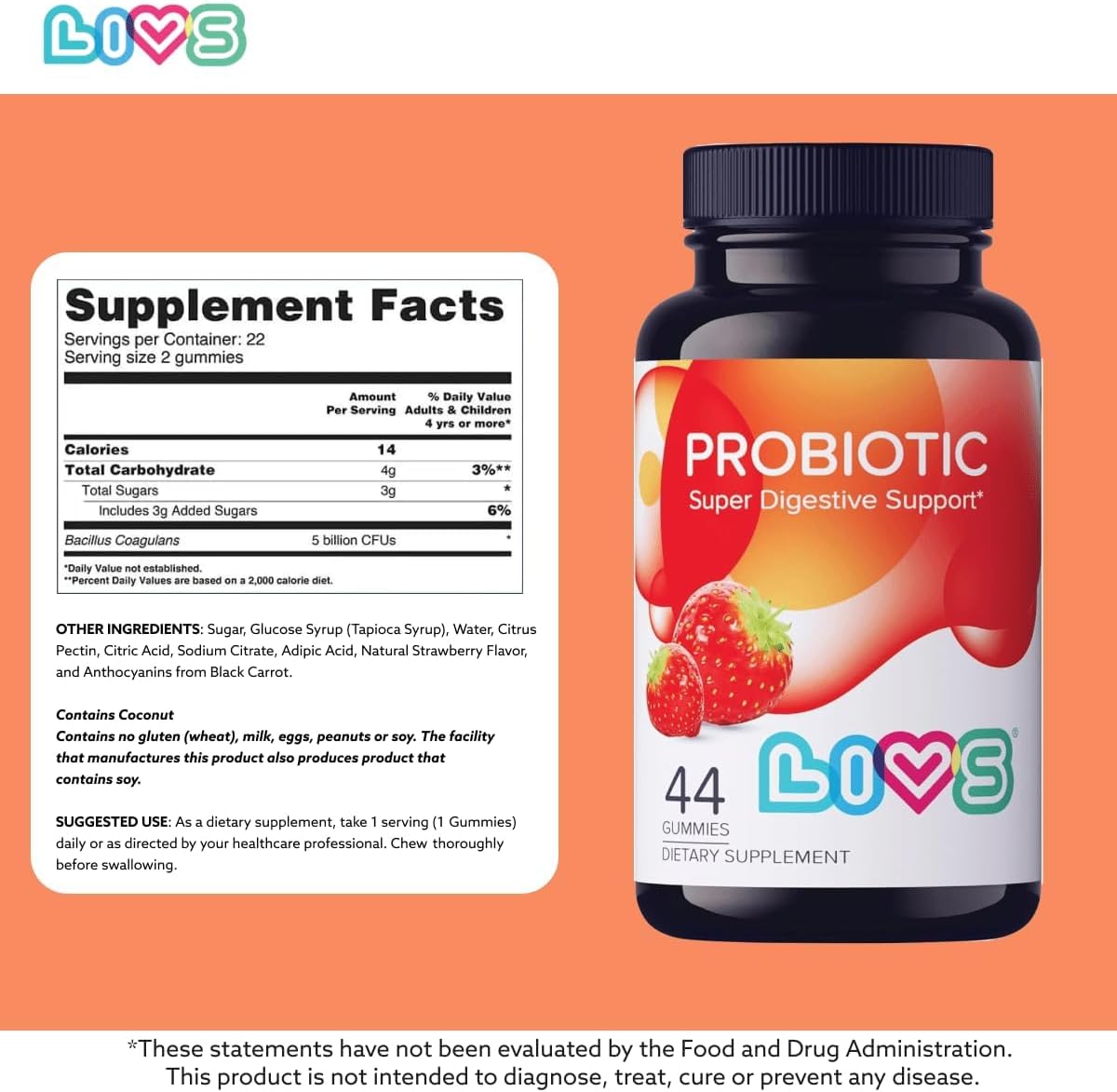 LIVS Probiotic Gummies for Women and Men – 5 Billion CFUs Bacillus Coagulans for Digestive Gut Health, Mood Support & Immune Boost | All Natural, Plant-Based, Vegan, Strawberry Flavor - 88 Count