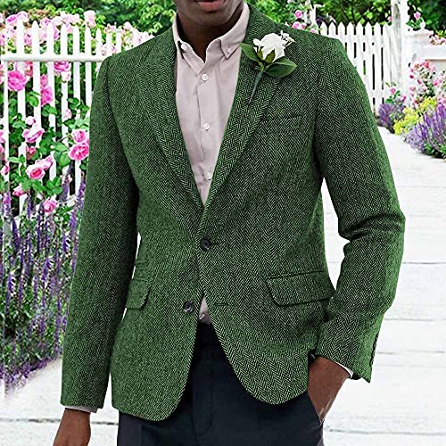 Terno masculino blazer de lã tweed trespassado fino espinha de peixe casaco esportivo, Azul-petróleo