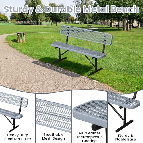Image of 6ft Gray Metal Park Bench with Backrest, Heavy Duty Outdoor Benches Weatherproof Steel Long Playground Bench Seats, Commercial Garden Benches Red Dock Benches for Lawn, Park, Deck,Patio, Porch