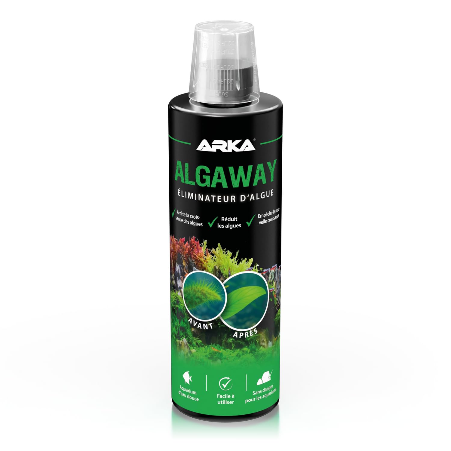 Éliminateur d’algues Aquarium 473 ML – ARKA Algaway – élimine algues filamenteuses, Vertes & encroutantes – sans cuivre & Compatible Plantes – Eau cristalline & équilibre pour Aquariums d’Eau Douce
