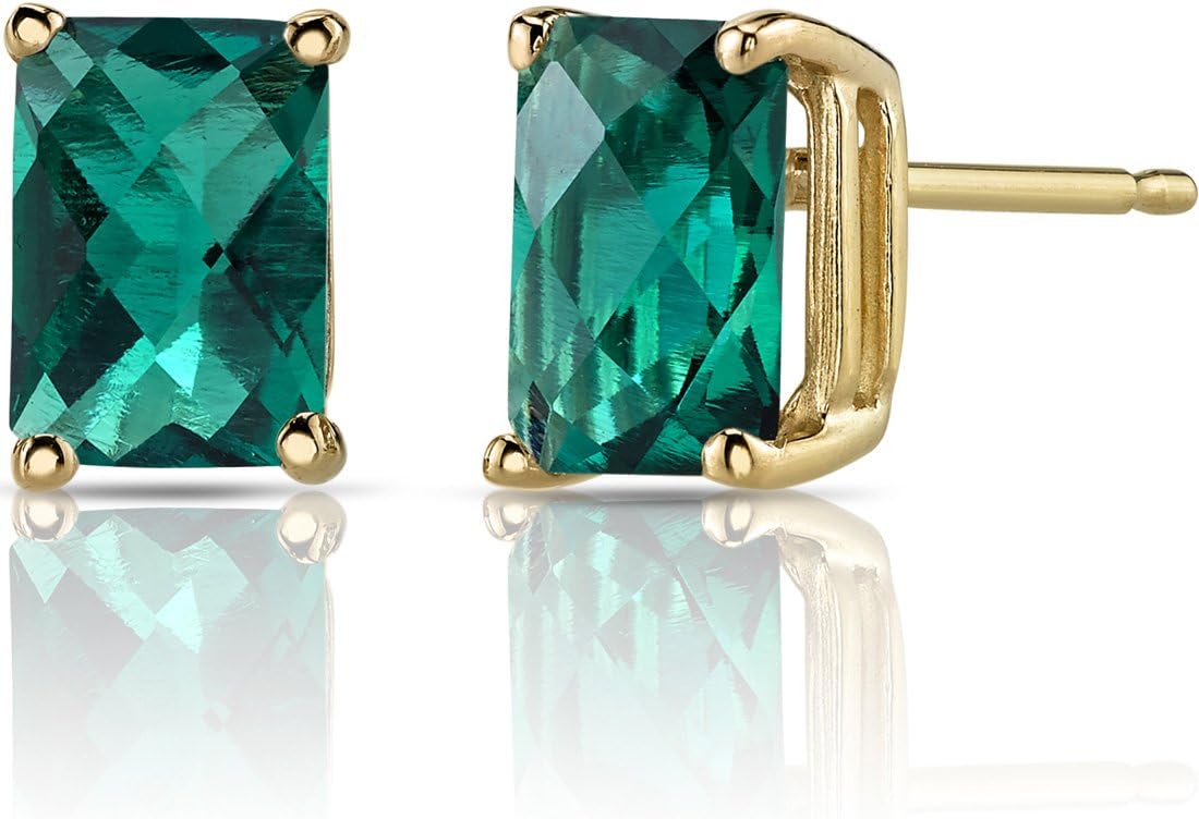 Peora 14K Yellow Gold Created Emerald Earrings for Women, Classic Solitaire Studs, 7x5mm Radiant Cut, 1.75 Carats total, Hypoallergenic, Friction Back, Dainty Green Earrings, Emerald Jewelry