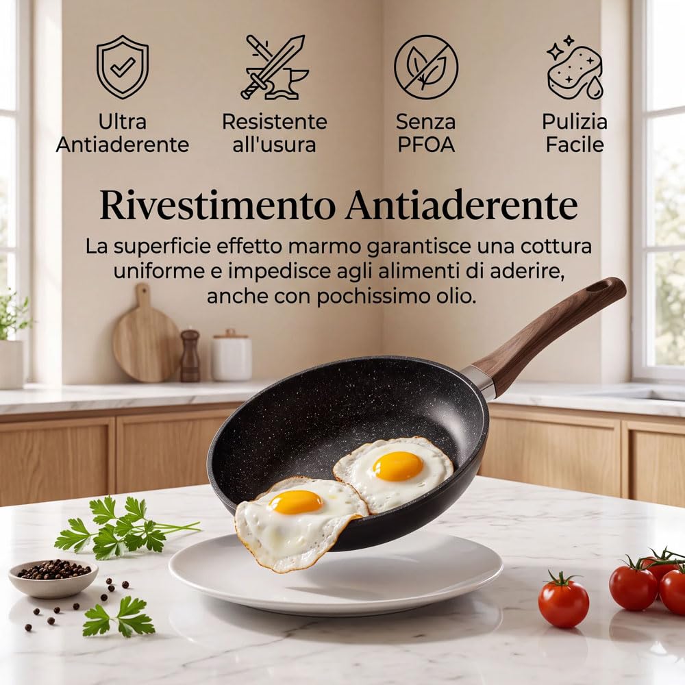 081 Store - Set 3 Padelle Antiaderenti Nere 20, 24 e 28 cm, Padelle per Induzione, Gas e Tutti i Piani Cottura, Rivestimento Effetto Granito, Alluminio Forgiato, Senza PFOA, Manici Effetto Legno