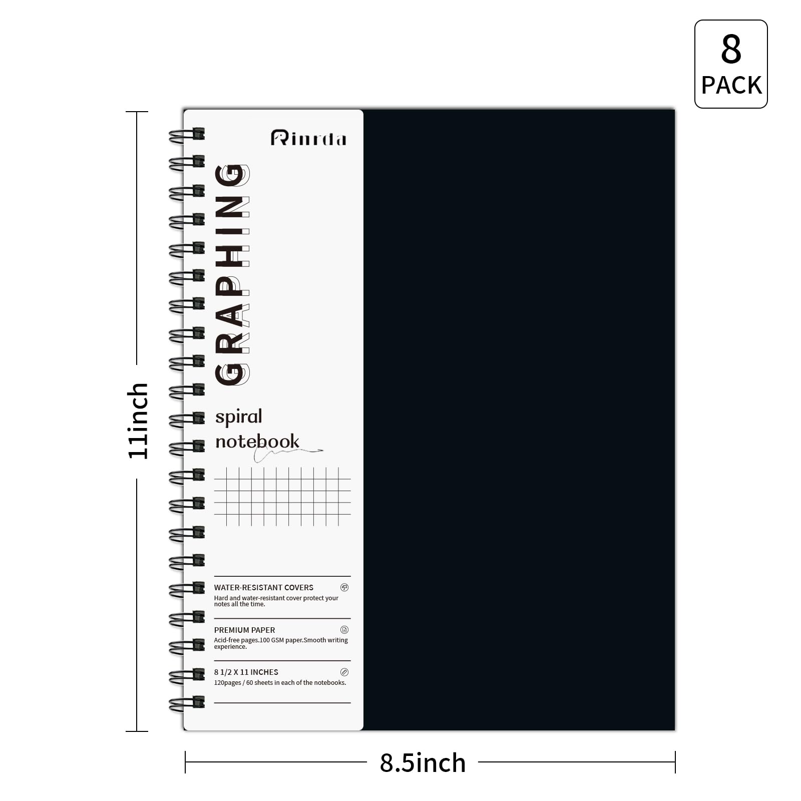 Cuaderno de papel gráfico en espiral de 8.5 x 11 pulgadas, paquete de 8 cuadernos de papel cuadriculado, cuaderno gráfico de ingeniería, cuaderno de ingeniería, cuaderno de 120 páginas, papel