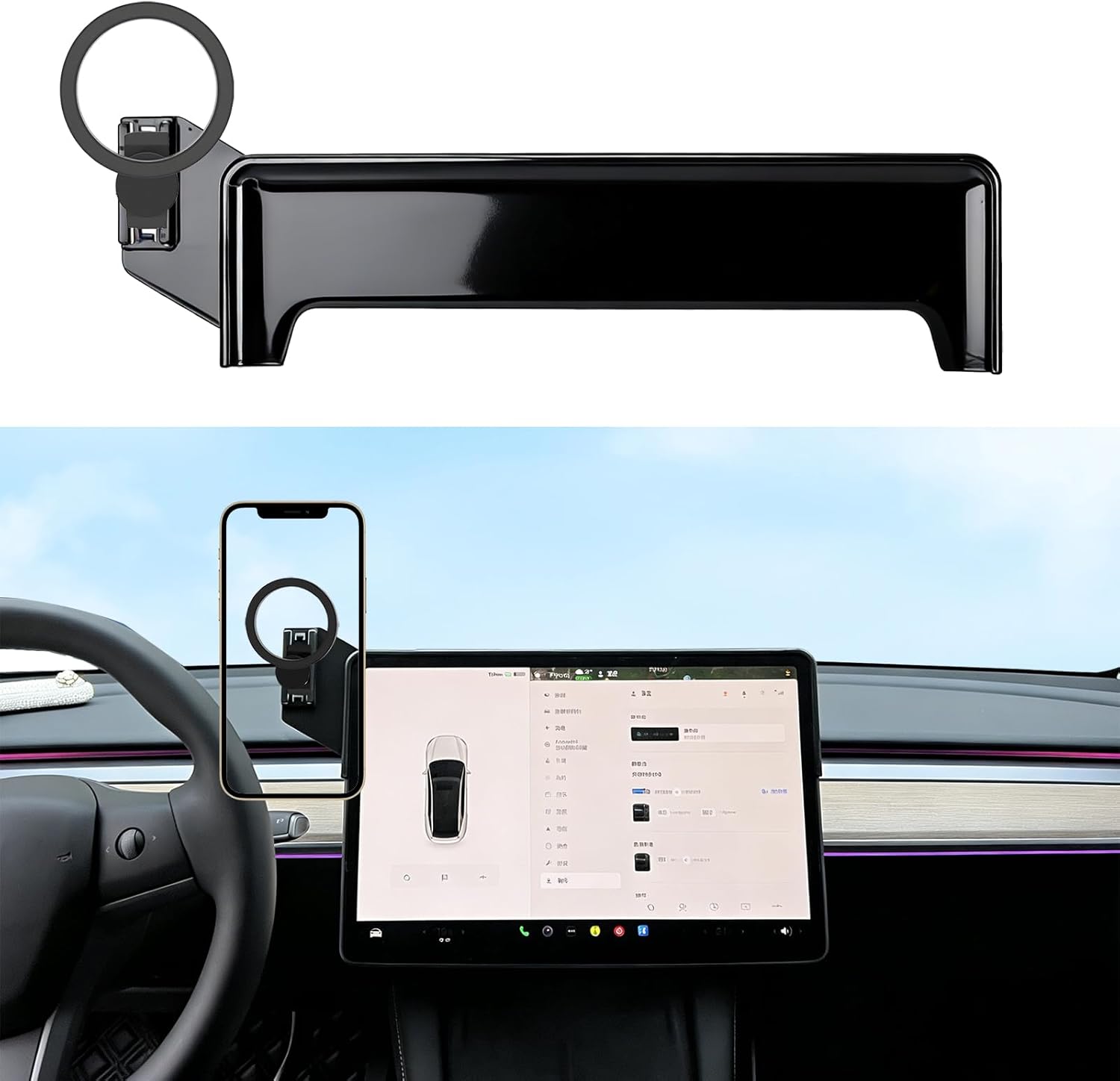 Car Phone Holder for Tesla Model Y 2020 2021 2022 2023 2024 2025 & Model 3 2017 2018 2019 2020-2023, Compatible MagSafe, 360° Rotation, Super Strong Magnetic Attraction(for 15 inch Screen only)