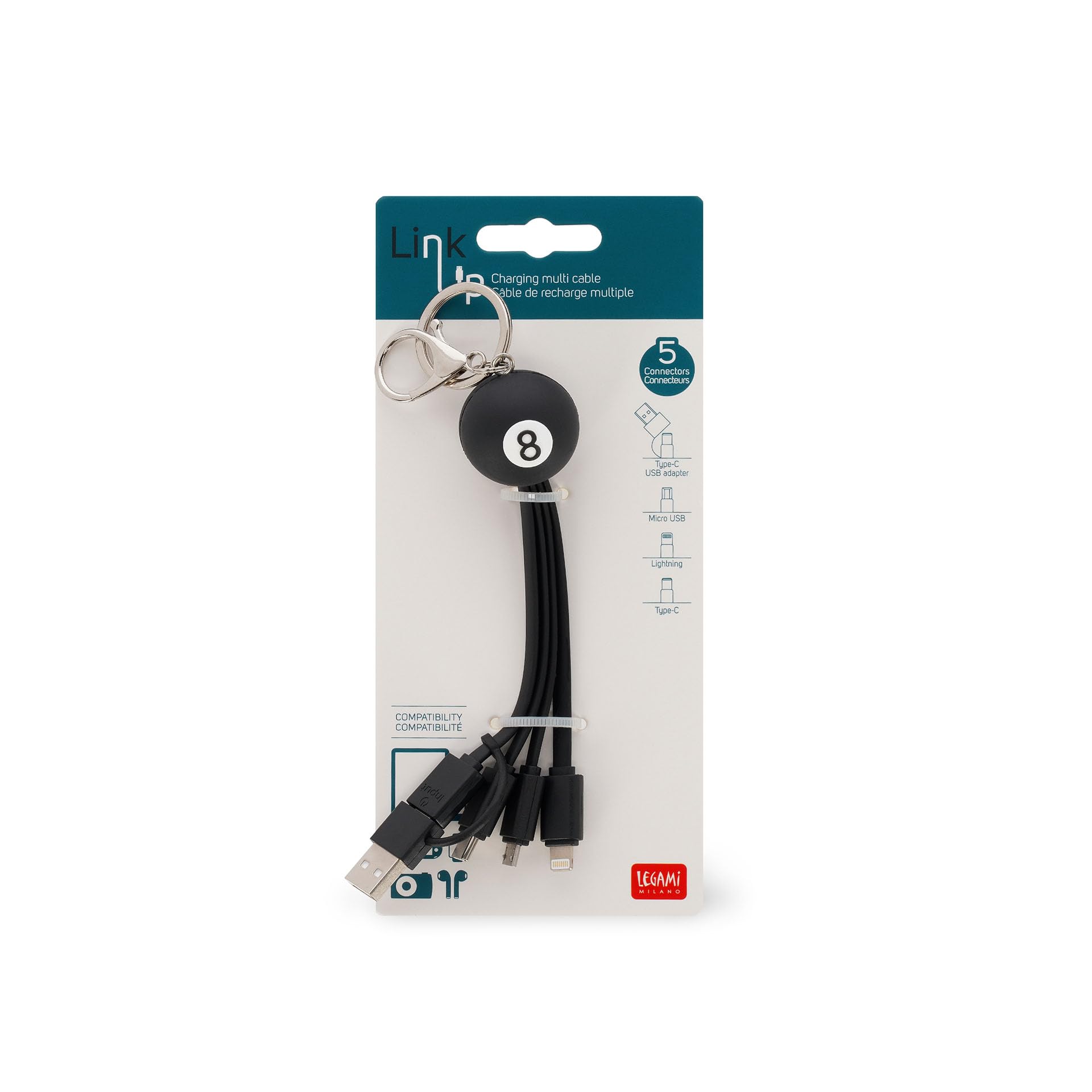 Legami - Three Hugs Kitty Theme 3 In 1 Charging And Sync Cable, 5 Connectors, With Type-C-USB Adapter, Fast Charge Up To 60W/3A, Length 120cm