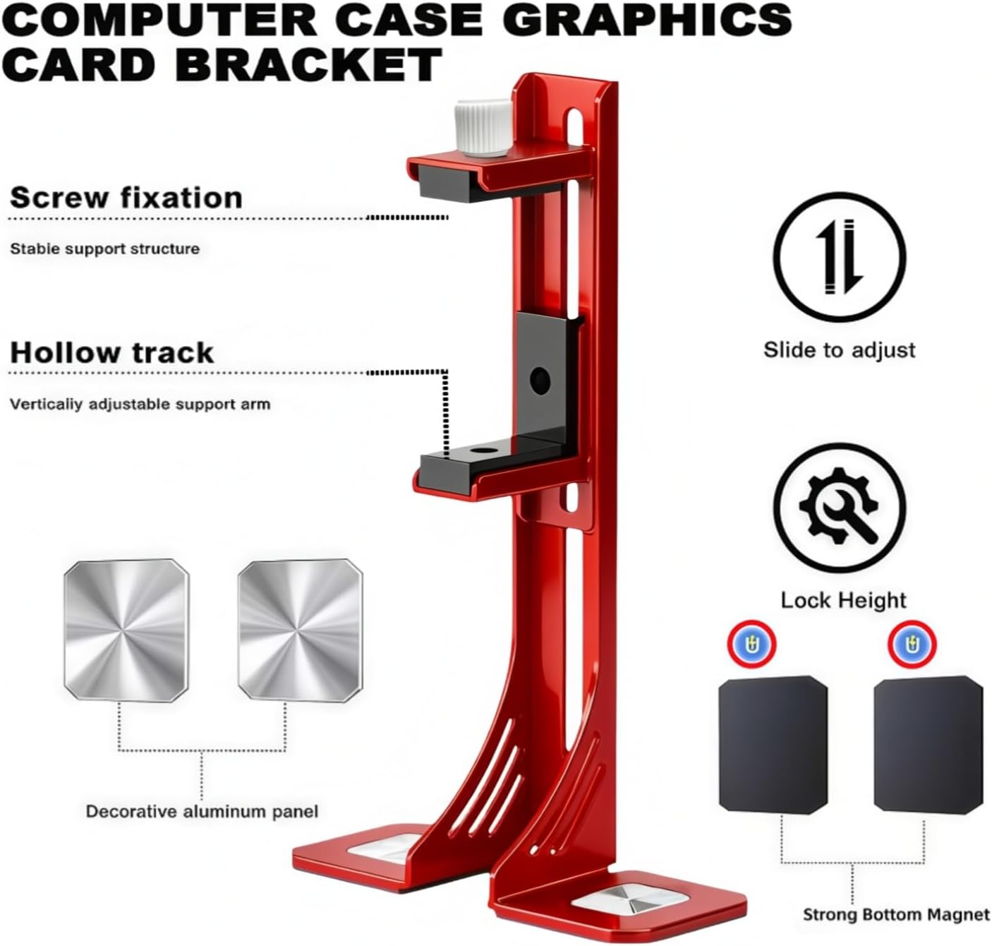 Red Anti-Sagging GPU Bracket - Compatible with RTX 5070/40/30 Series, Adjustable 30-118mm, Supports 78mm Thick GPUs, Magnetic Base + CD Glossy Decoration