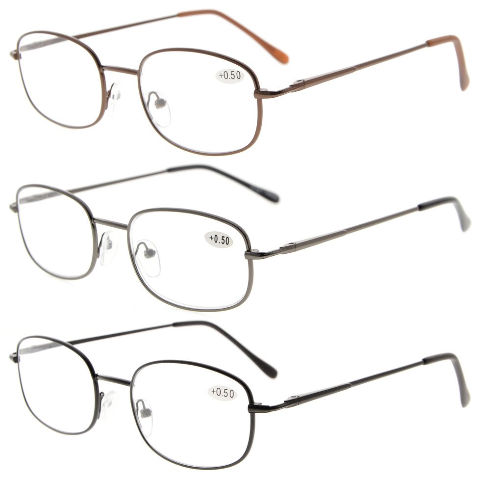 Eyekepper Metal Frame Spring Hinged Arms Reading Glasses 3 Pair(Brown/Gunmetal/Black) Valupac Metal Readers