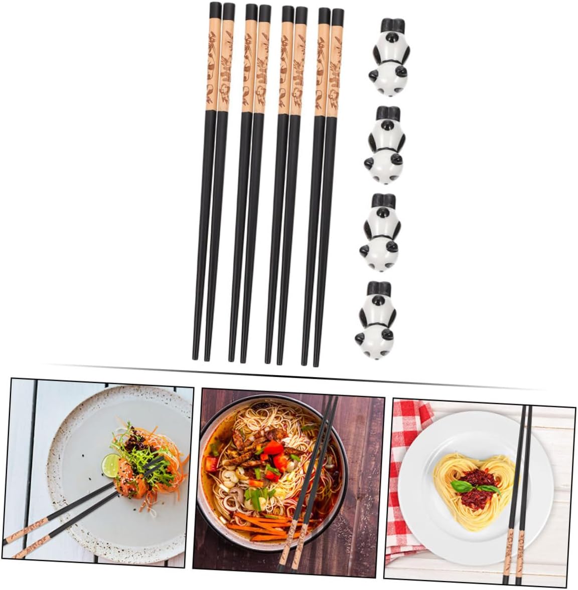 Ceramic Chopsticks Rest Set with 8 Reusable Wooden Chopsticks and 4 Panda Ceramic Holders Dishwasher Safe for Dining and Box Set