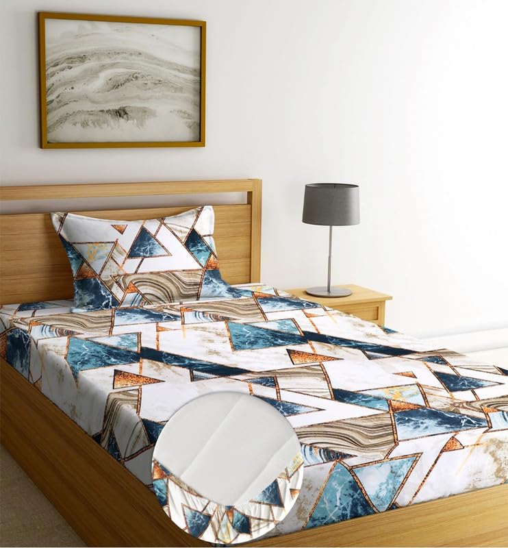 Image of NEW LEAF Pure Cotton All Round Elastic Fitted Floral Bedsheets With 1 Pillow Cover|Single Mattress Bed Breathable|Longlasting|Supersoft Size-36X72 + 6 Inches (Color -White&Teal),220 Tc,Small Single