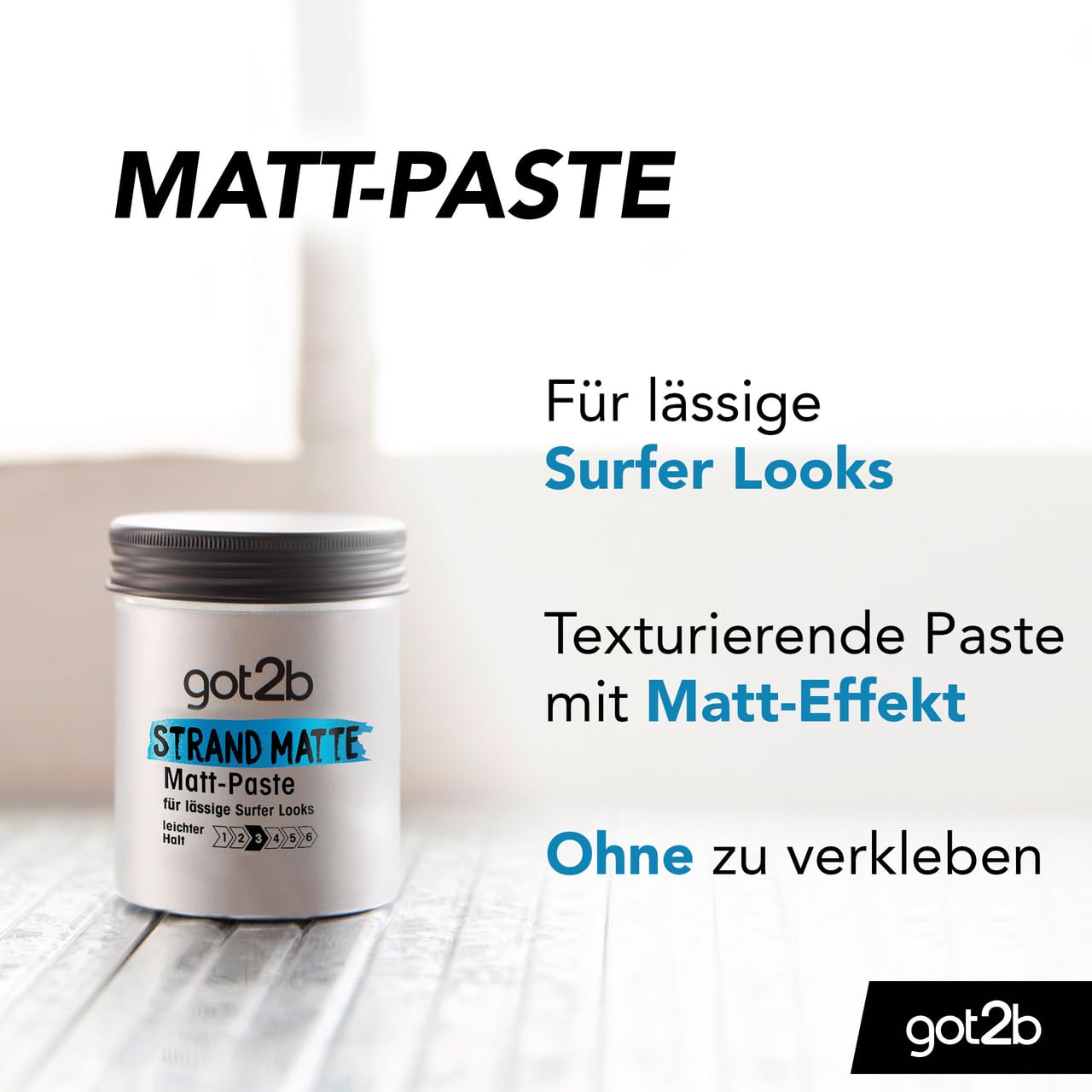 got2b Strand Matte Matt-Paste (100 ml), Styling Paste für matte Surfer Looks, zum Strubbeln, Texturieren oder Zähmen ohne Verkleben, mittlerer Halt, 6x 100 ml