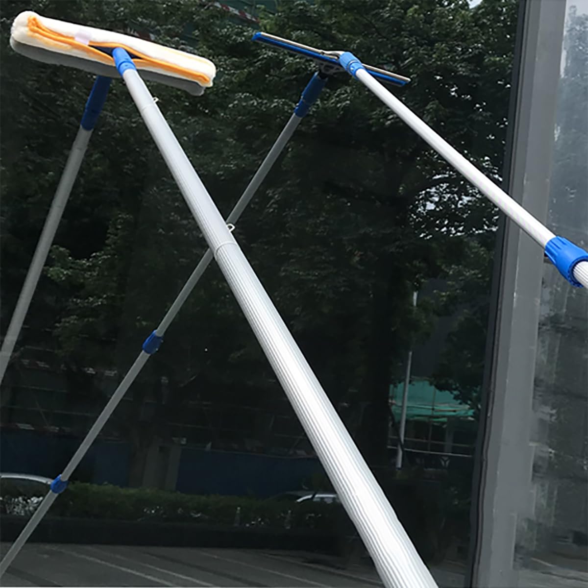 Profi Fensterwischer, Fensterabzieher mit Aluminium Verlängerungsstange 1.4-3.6m Fensterreiniger Gummilippe 35cm für Büros Hotels Ladenlokalen Schwimmbädern und Weiteren Gewerblichen Umgebungen Blau
