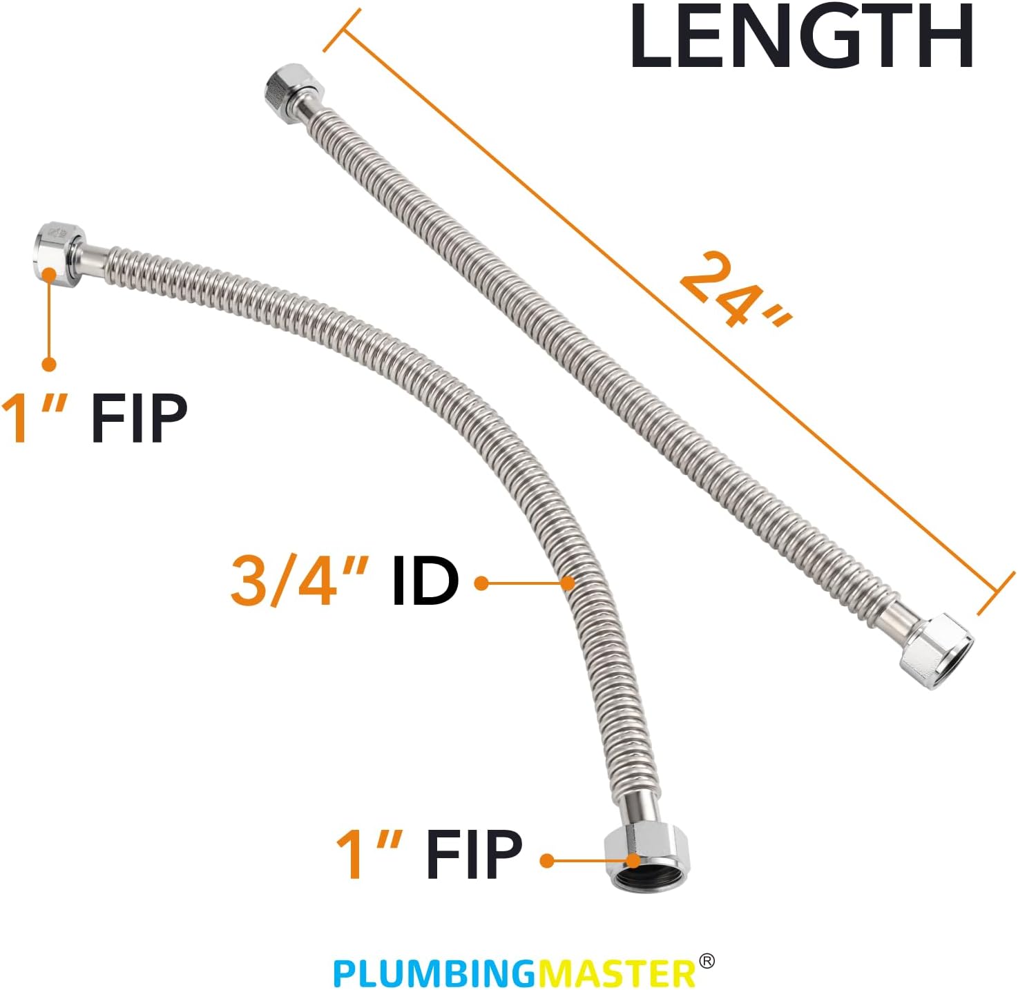 Stainless Steel Corrugated Water Heater Connector, 24-Inch,1/4 OD 1” FIP* 1” FIP hot and cold Corrugated Water flexible hose, Leak-Proof, 10-Year Warranty, 2-pack