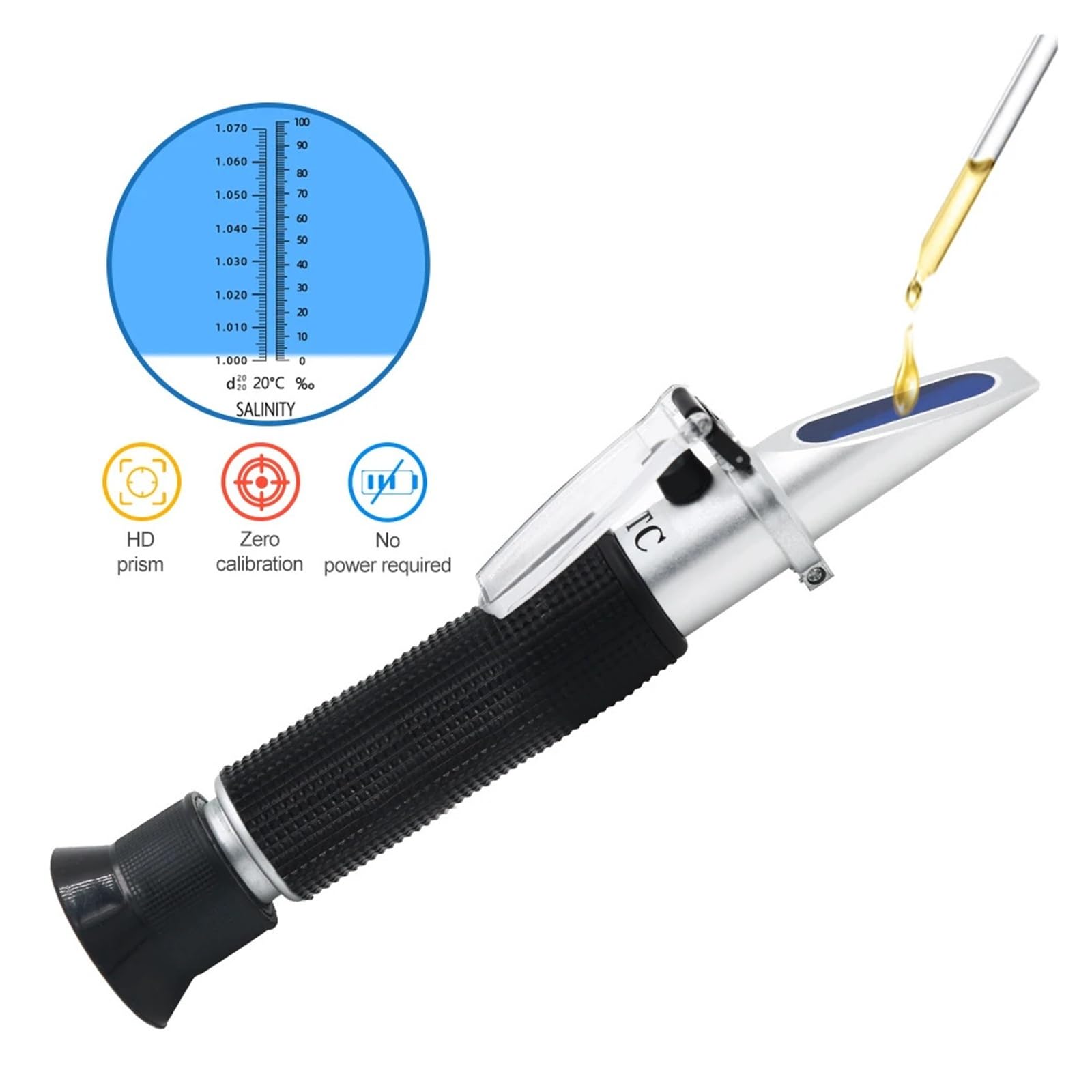 Refractómetro de salinidad portátil, salinómetro 0-100%, salinómetro de Agua de mar de salinidad 1.000-1.070SG for Acuario para Pruebas de Contenido