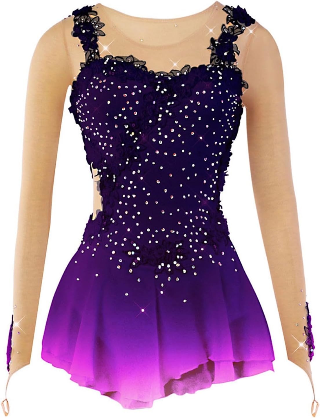 Women's Ice Figure Skating Dress, Mesh Patchwork Skating Outfits for Women, Team Competition Uniform