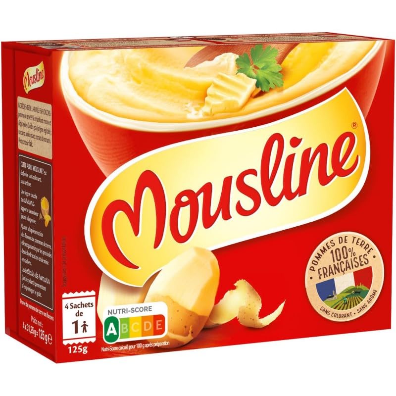 Mousline Purée Nature - Format Individuel 125g (4 sachets x 31.25g) - Purée Instantanée Pratique - Idéale Pour une Personne - Le Lot De 4