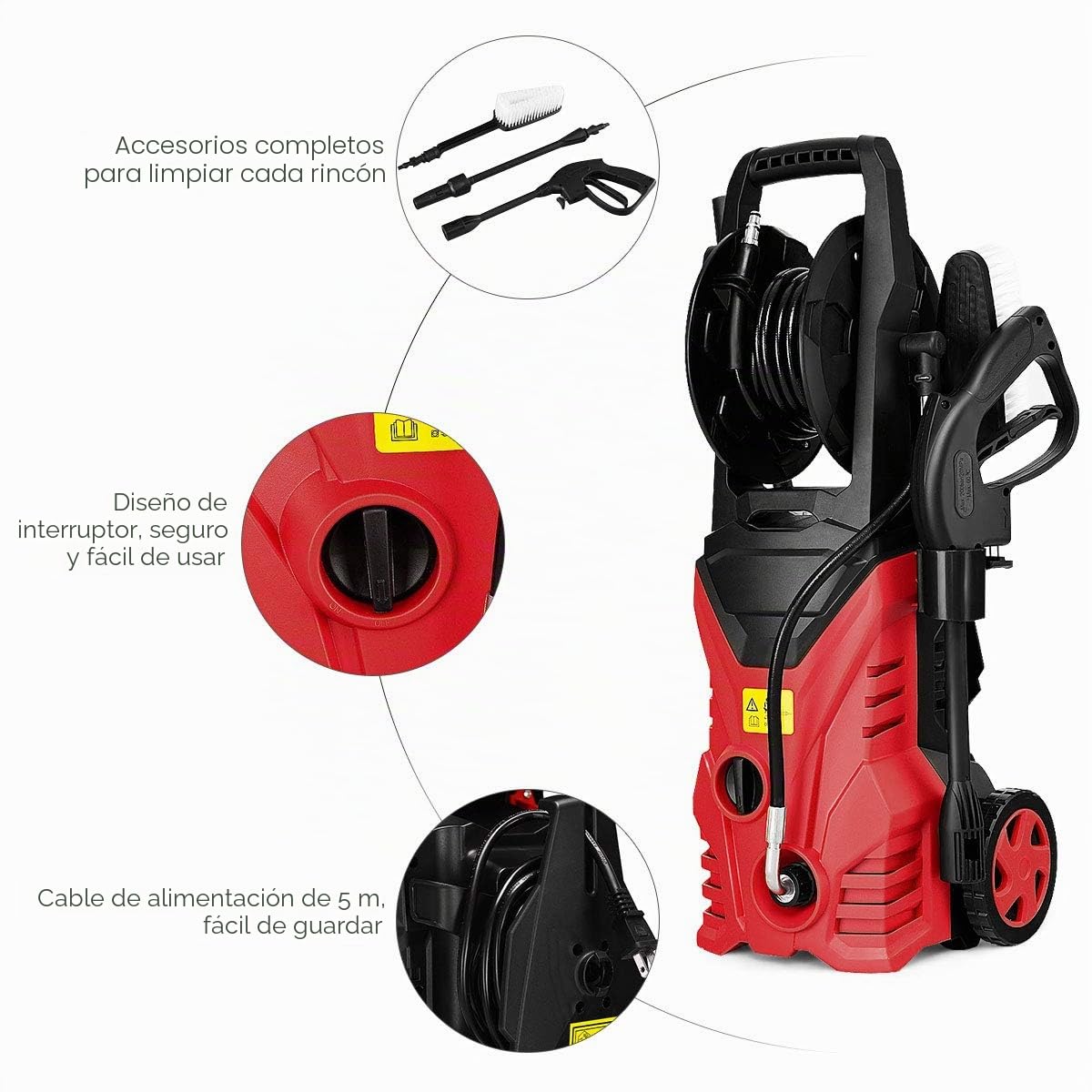 GOPLUS Limpiador de Alta Presión 1400W, 140 Bar, 300 L/H con Boquilla Lotus, Boquilla de Alta Presión, Cepillo y Bote de Lejía, Enrollador de Manguera Flexible, con 2 Ruedas para Coche, (Rojo)
