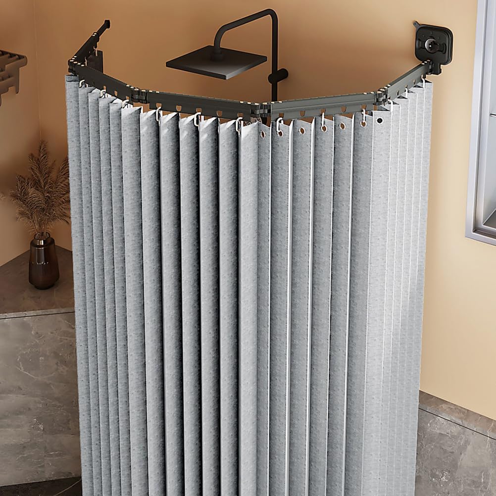 Foldable Shower Curtain No Drilling with Rod, L/U-Shaped Rod and Strong Suction Cup, Adjustable Angle Linen Textile Shower Curtain Waterproof/Washable,light gray,2 Folds