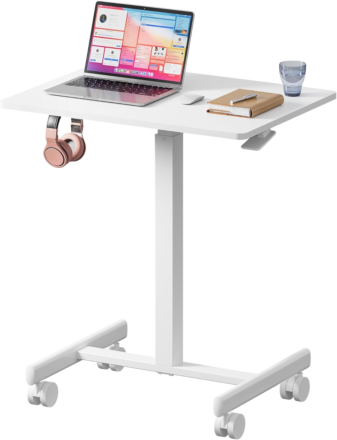 Mobile Standing Desk with Wheels, Pneumatic Height Adjustable Rolling Computer Workstation with Lockable Casters (White)
