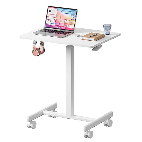 Mobile Standing Desk with Wheels, Pneumatic Height Adjustable Rolling Computer
