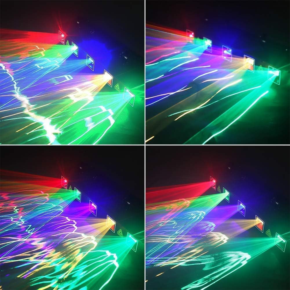 A collage of four images showing various dynamic laser patterns and effects projected by the U`King 5 Beam Effect DJ Laser Light, including fan shapes, waves, and dots in multiple colors.