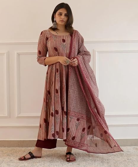 Women Printed Anarkali Kurta and Pant Set with Dupatta